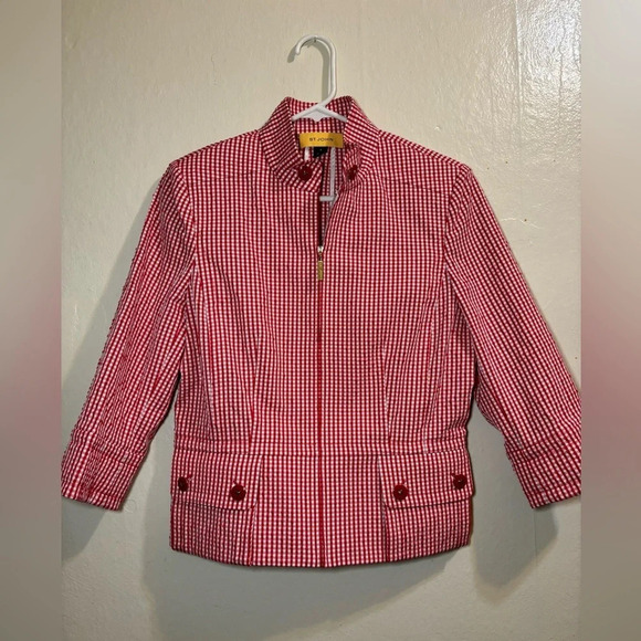 ST JOHN red and white gingham check jacket size 6 - Picture 1 of 6